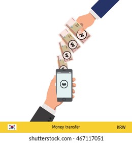 Mobile banking concept. Won banknote. Transferring Money vector illustration