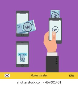 Mobile banking concept. Won banknote. Transferring Money vector illustration