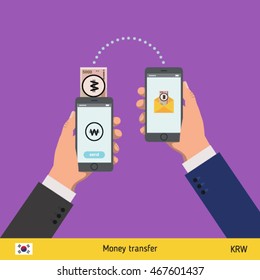 Mobile banking concept. Won banknote. Transferring Money vector illustration
