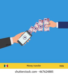 Mobile banking concept. Won banknote. Transferring Money vector illustration