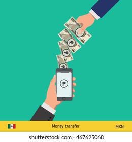 Mobile banking concept. Won banknote. Transferring Money vector illustration