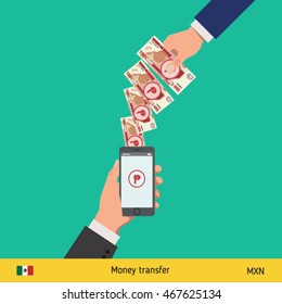 Mobile banking concept. Won banknote. Transferring Money vector illustration