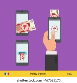 Mobile banking concept. Won banknote. Transferring Money vector illustration