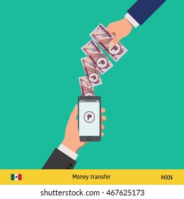 Mobile banking concept. Won banknote. Transferring Money vector illustration
