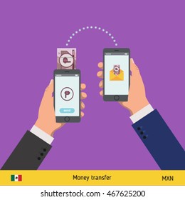 Mobile banking concept. Won banknote. Transferring Money vector illustration