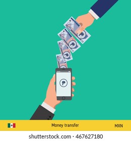 Mobile banking concept. Won banknote. Transferring Money vector illustration