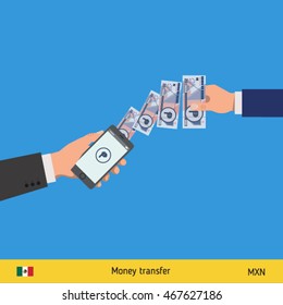Mobile banking concept. Won banknote. Transferring Money vector illustration