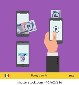 Mobile banking concept. Won banknote. Transferring Money vector illustration