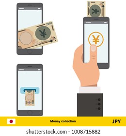 Mobile banking concept. Yen banknote. Transferring Money vector illustration