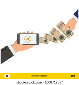 Mobile banking concept. Yen banknote. Transferring Money vector illustration