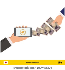 Mobile banking concept. Yen banknote. Transferring Money vector illustration
