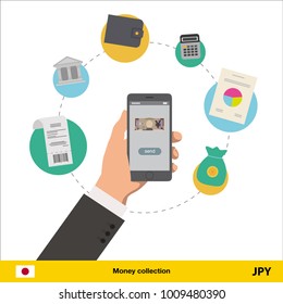 Mobile banking concept. Yen banknote. Transferring Money vector illustration
