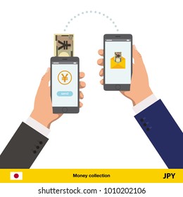 Mobile banking concept. Yen banknote. Transferring Money vector illustration