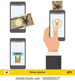 Mobile banking concept. Yen banknote. Transferring Money vector illustration