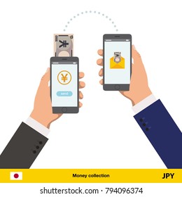 Mobile banking concept. Yen banknote. Transferring Money vector illustration