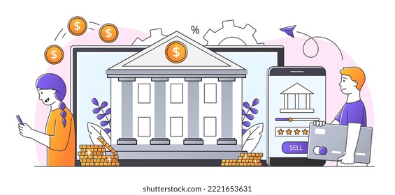 Mobile banking concept. Young guy and woman with cards next to smartphone and tablet. Electronic transactions and payments. Modern technologies and digital world. Cartoon flat vector illustration