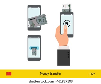 Mobile banking concept. Yuan banknote. Transferring Money vector illustration