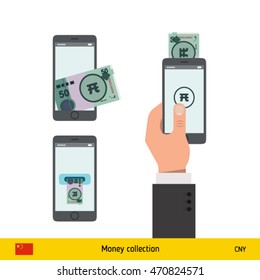 Mobile banking concept. Yuan banknote. Transferring Money vector illustration