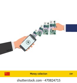 Mobile banking concept. Yuan banknote. Transferring Money vector illustration