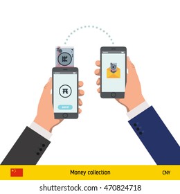 Mobile banking concept. Yuan banknote. Transferring Money vector illustration