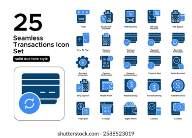 Mobile Banking and Contactless Payments. NFC, Digital Finance, and Secure Transactions. Vector Illustration. Solid duo tone icon set