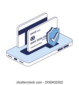 Mobile banking, credit and debit cards. Vector 3d line isometric, web icons, blue color. Creative design idea for infographics.
