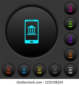 Mobile banking dark push buttons with vivid color icons on dark grey background