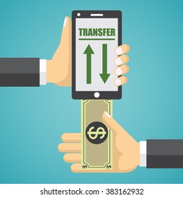 Mobile banking design vector illustration. Human hand with mobile phone and banknote.