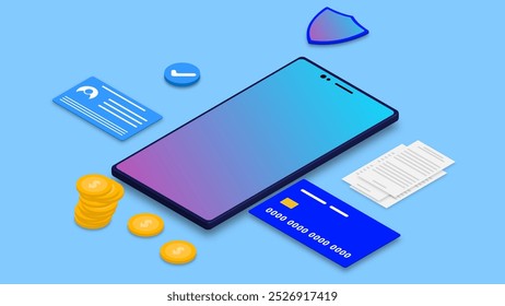 Mobile banking, digital internet bank and online financial service with smartphone, credit or debit card, shield and stack of coins isometric on light blue background. Vector illustration