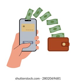 Mobile banking and digital payments. Flat-style vector illustration: a hand holds a smartphone with a credit card on the screen, transferring money to a digital wallet.