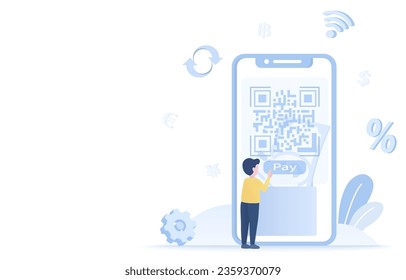 Banca móvil y concepto de cartera digital. Pago sencillo, código QR en línea, escaneo de pago y clic, cambio de divisa. Ilustración de diseño de vector plano con espacio de copia.