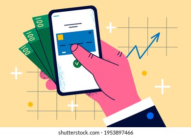 Mobile banking and earning in internet concept. Mae hand holding smartphone with bank credit card holder Information and cash money profit vector illustration 