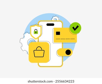 Mobile banking and e-commerce online payments. Secure transactions on smartphones with credit card icons, virtual wallets, money transfers. Modern visuals for fintech solutions vector illustration