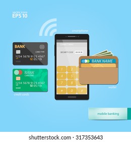 mobile banking and electronic wallet concept with credit cards and safe smartphone application. vector flat design icons
