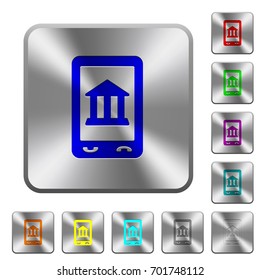 Mobile banking engraved icons on rounded square glossy steel buttons