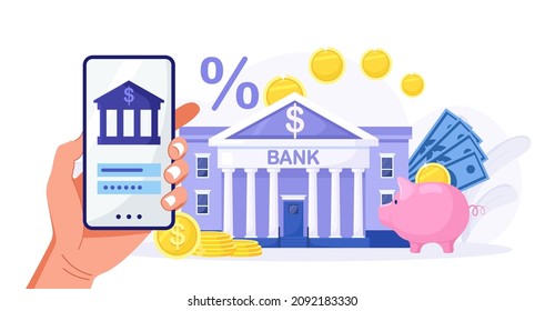 Mobile banking and finance management. Internet payments, transfers and deposits. Human hand hold smartphone for online banking and accounting. Manage finances save for future investment