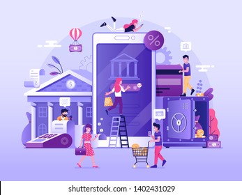 Mobile banking and finance management UI illustration. Office people characters using smartphone for internet mobile payments, transfers and deposits. Digital bank service fintech concept in flat.