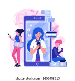 Mobile banking and finance management UI illustration. Office people characters using smartphone for internet mobile payments, transfers and money transaction. Digital bank service fintech concept.