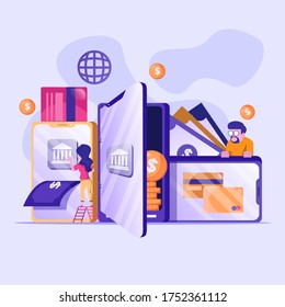 mobile banking and finance management UI illustration. people characters using smartphone for internet mobile payments, transfers and deposits. Digital bank service fintech concept