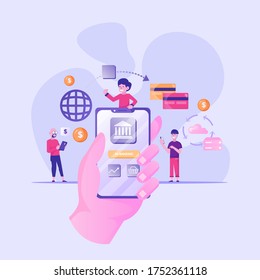 mobile banking and finance management UI illustration. people characters using smartphone for internet mobile payments, transfers and deposits. Digital bank service fintech concept