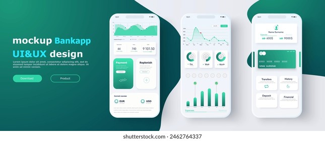 Mobile Banking and Financial Management UI Design Mockup with Analytics and Transaction History. Interface features analytics, transaction history, payment options, and account balance details. Vector