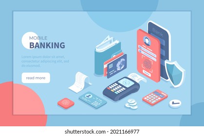 Mobile banking, Financial online service. Financial transactions via smartphone, payment, credit, deposit. Isometric vector illustration for poster, presentation, banner, website.