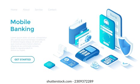 Mobile banking, Financial online service. Financial transactions via smartphone, payment, credit, deposit. Isometric illustration. Landing page template for web on white background.	
