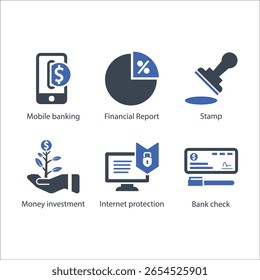 Mobile banking, Relatório financeiro, Carimbo, Investimento monetário, Proteção da Internet, Cheque bancário, ícone