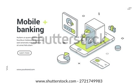 Mobile banking financial shopping payment app isometric web banner design template vector illustration. Online bank finance card paying user account savings smartphone application digital technology