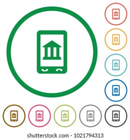 Mobile banking flat color icons in round outlines on white background