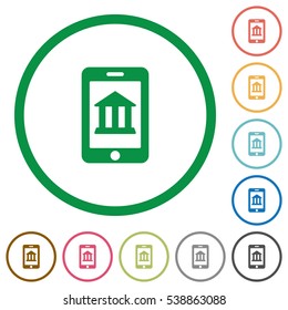 Mobile banking flat color icons in round outlines on white background