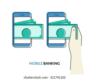 Mobile banking. Flat contour illustration of human hand  withdraws cash from his smartphone