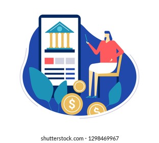 Mobile banking - flat design style colorful illustration on white background. Unusual composition with a woman using a smartphone, mobile app to make online financial operations, images of coins