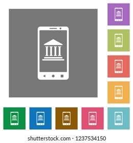 Mobile banking flat icons on simple color square backgrounds